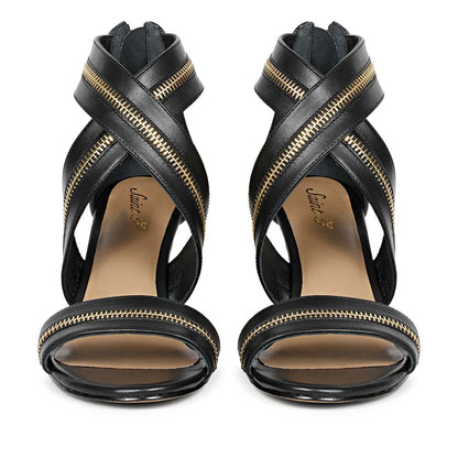 Saint Delilah Zip Decor Criss Cross Black Leather Stilettos