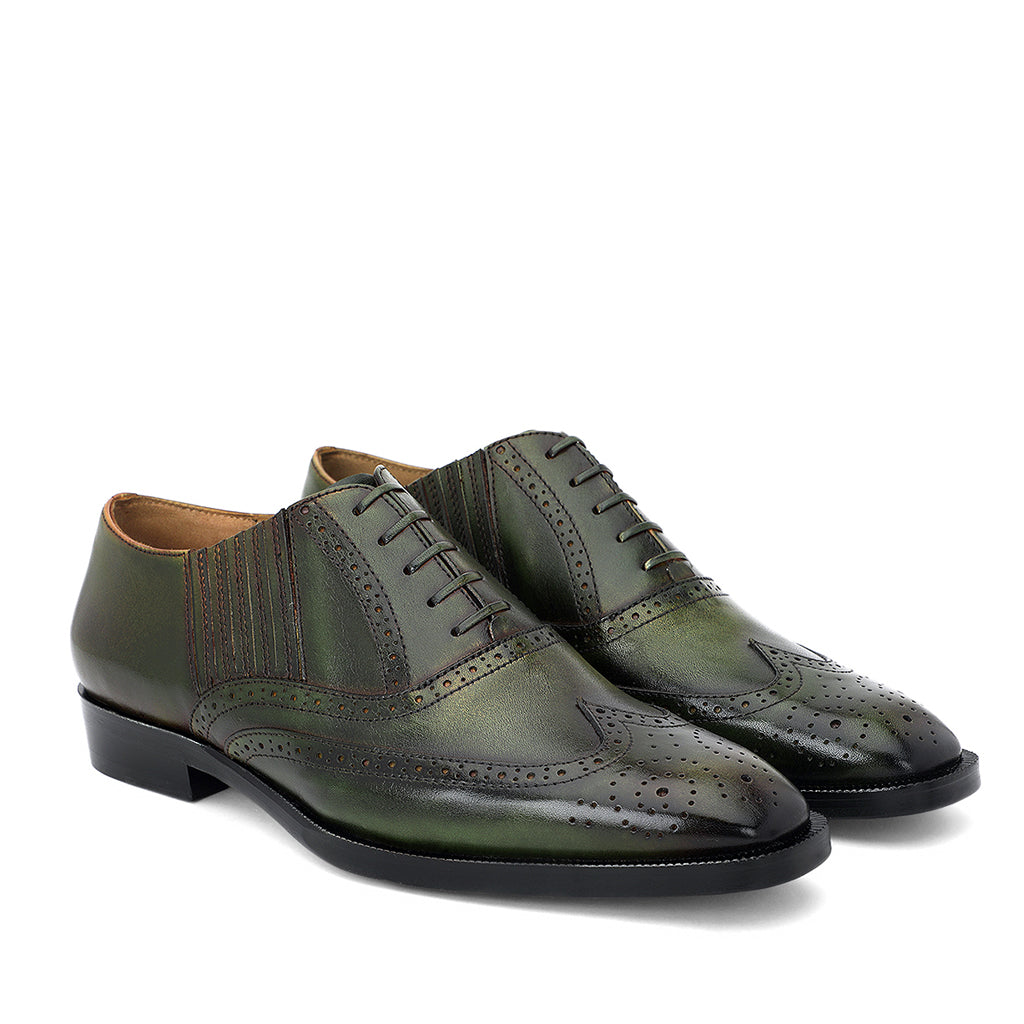 Saint Vincenzo Olive Leather Square Toe Lace Up Décor Shoes