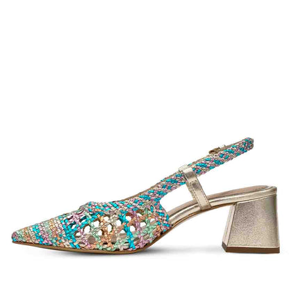 Saint Anya Turquoise Multi Hand Woven Leather Block Heels