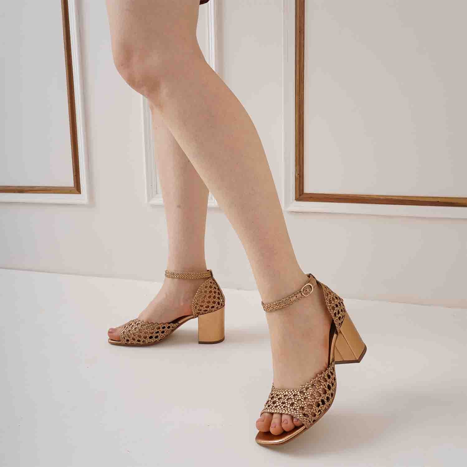 Saint Eibhlin Bronze Hand Woven Leather Block Heels - Elegant, artisan-crafted footwear with a touch of bronze, perfect for any occasion