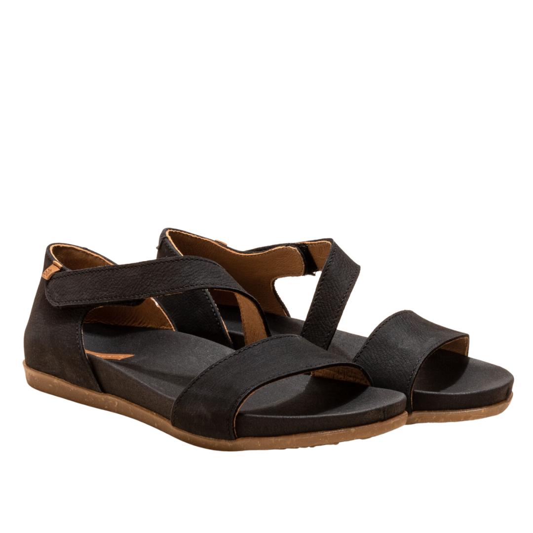 El Naturalista Black Embellished Leather Block Sandals with Buckle