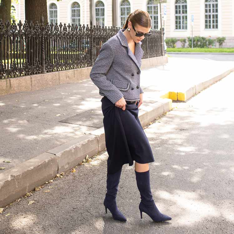 Saint Jemima Navy Stretch Suede Kitten Heel Long Boots