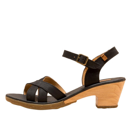 El Naturalista Black Embellished Leather Block Sandals with Buckle