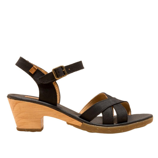 El Naturalista Black Embellished Leather Block Sandals with Buckle