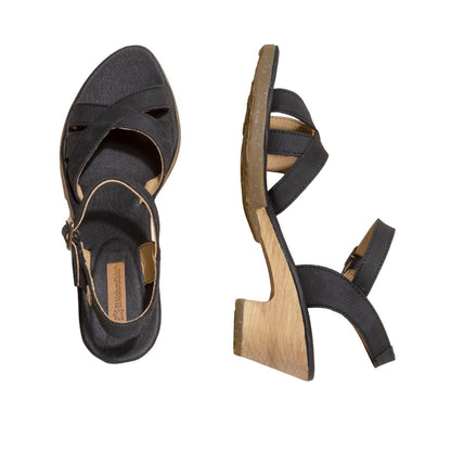 El Naturalista Black Embellished Leather Block Sandals with Buckle