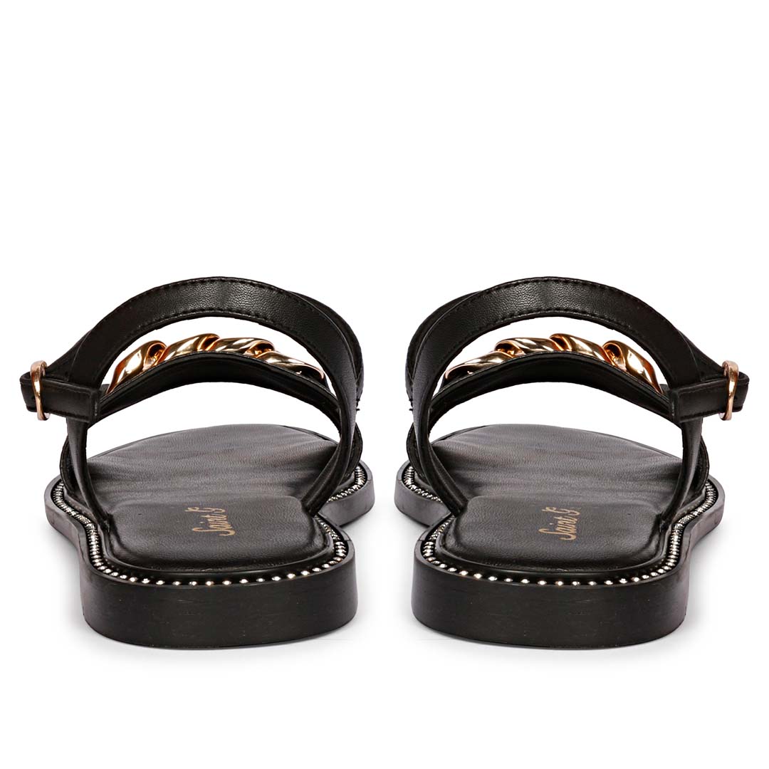 Saint Bellini Gold Chain Decor Black Leather Sandals