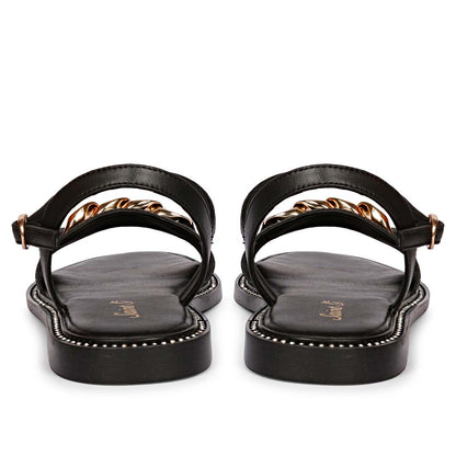 Saint Bellini Gold Chain Decor Black Leather Sandals