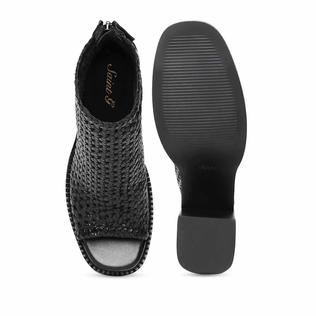 Saint Anna Black Hand Woven Leather Block Heels.
