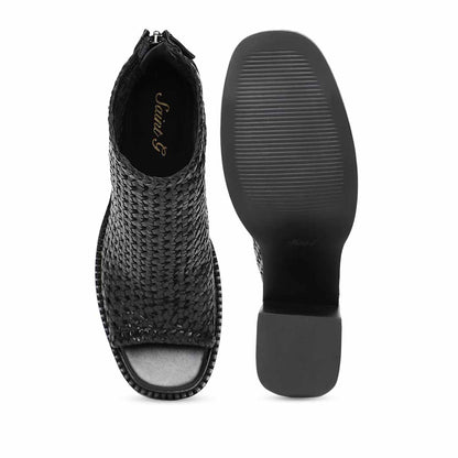 Saint Anna Black Hand Woven Leather Block Heels.