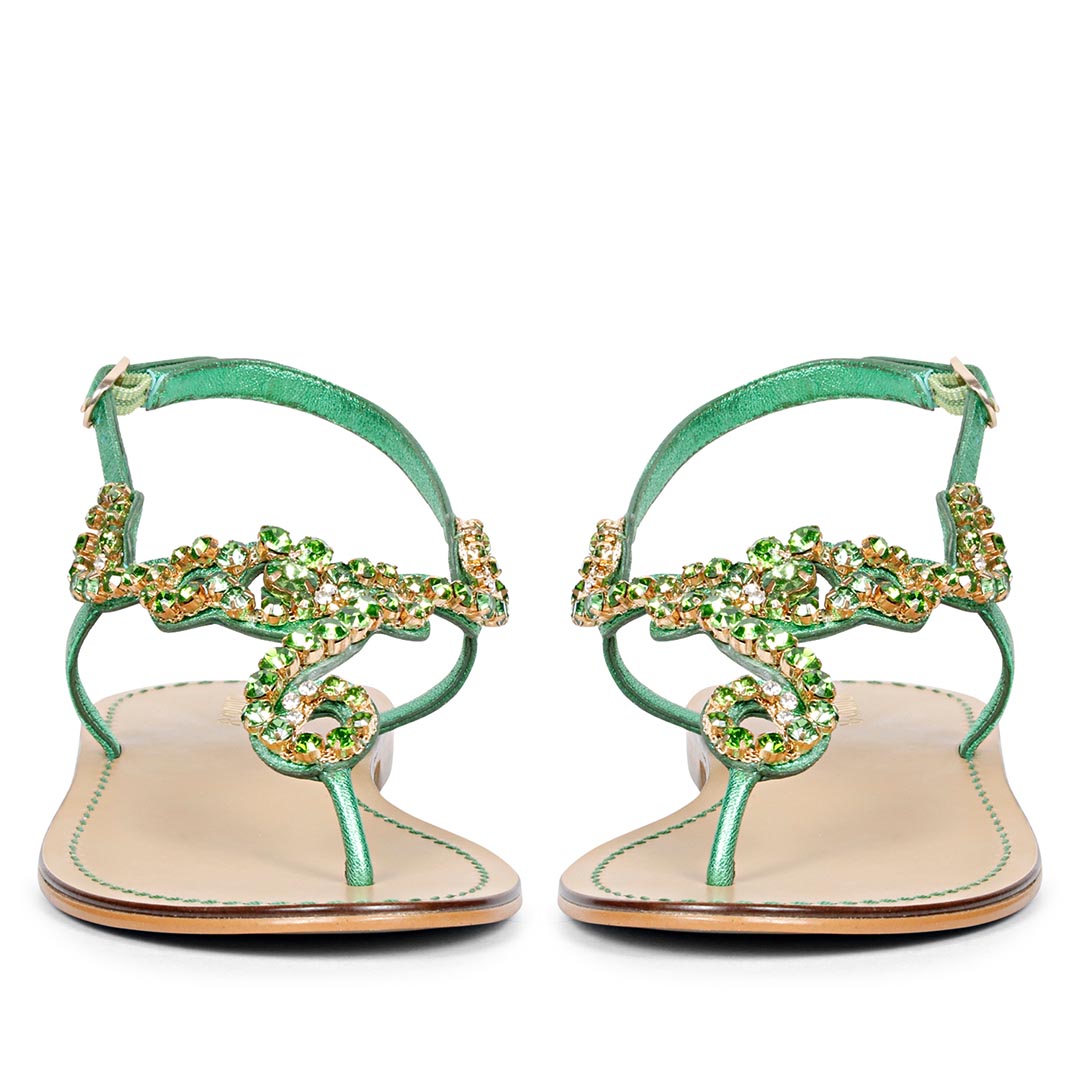 Saint Kaia Gold Stone  Metallic Green Leather Sandals