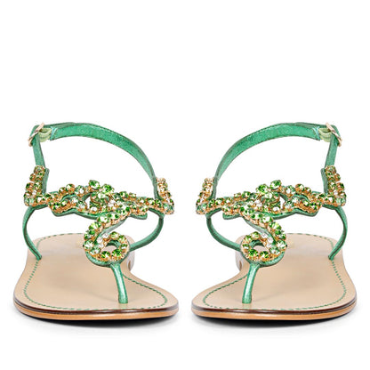 Saint Kaia Gold Stone  Metallic Green Leather Sandals