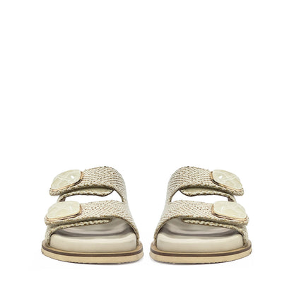 Saint Oren Off White Stone Jeweled Raffia Leather Sandals
