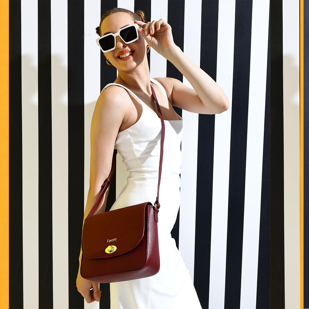 Favore Red Womens  Leather Structured Sling Bag