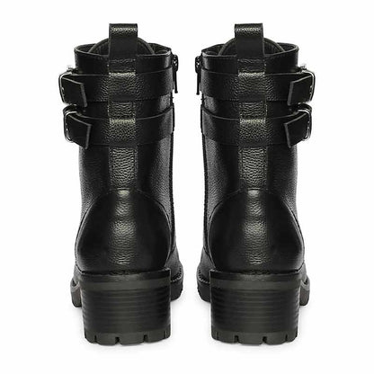Saint Lucero Buckle Decor Black Leather High Ankle Boots