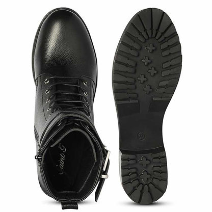 Saint Lucero Buckle Decor Black Leather High Ankle Boots