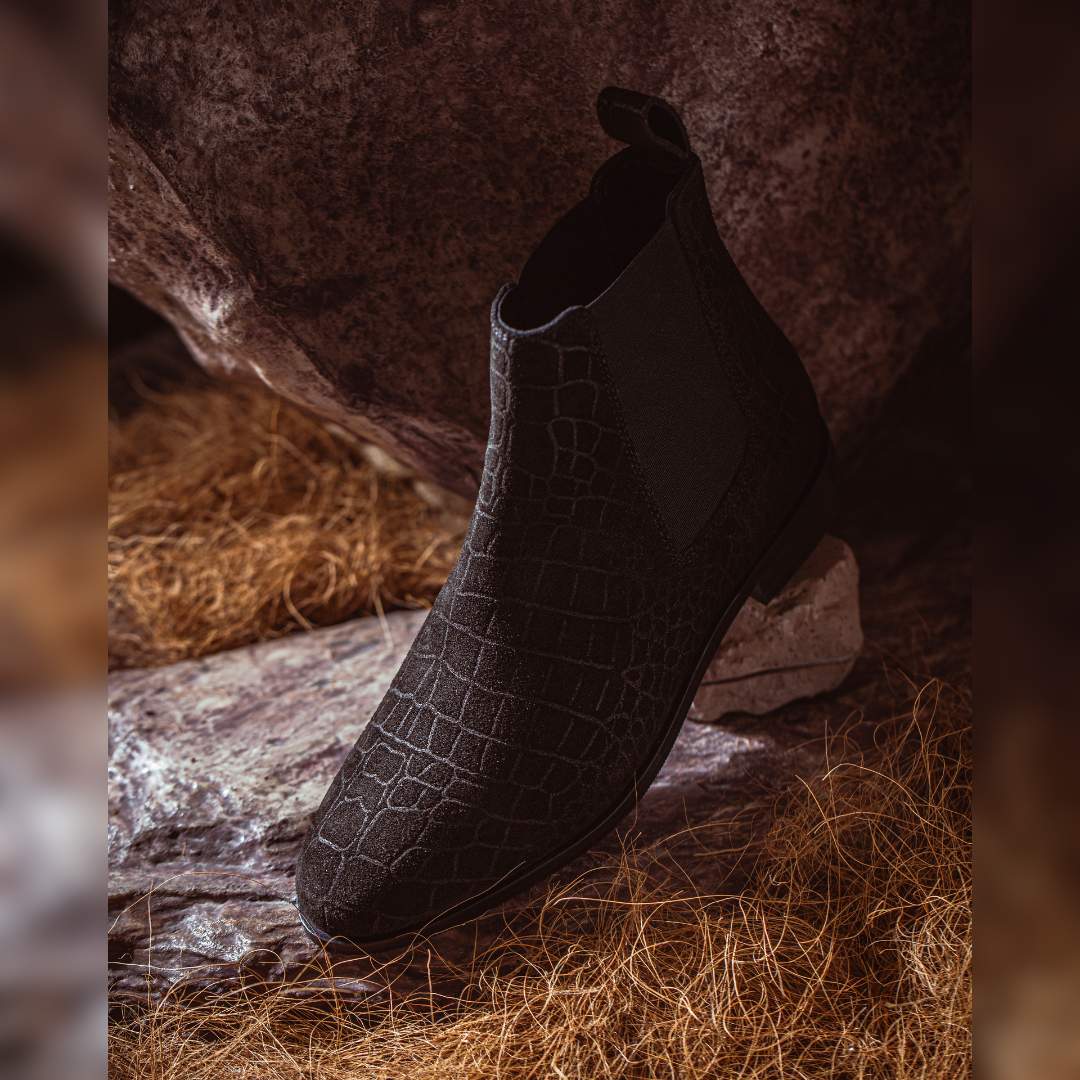 Diane Black Suede Croco Print Leather Ankle Boots