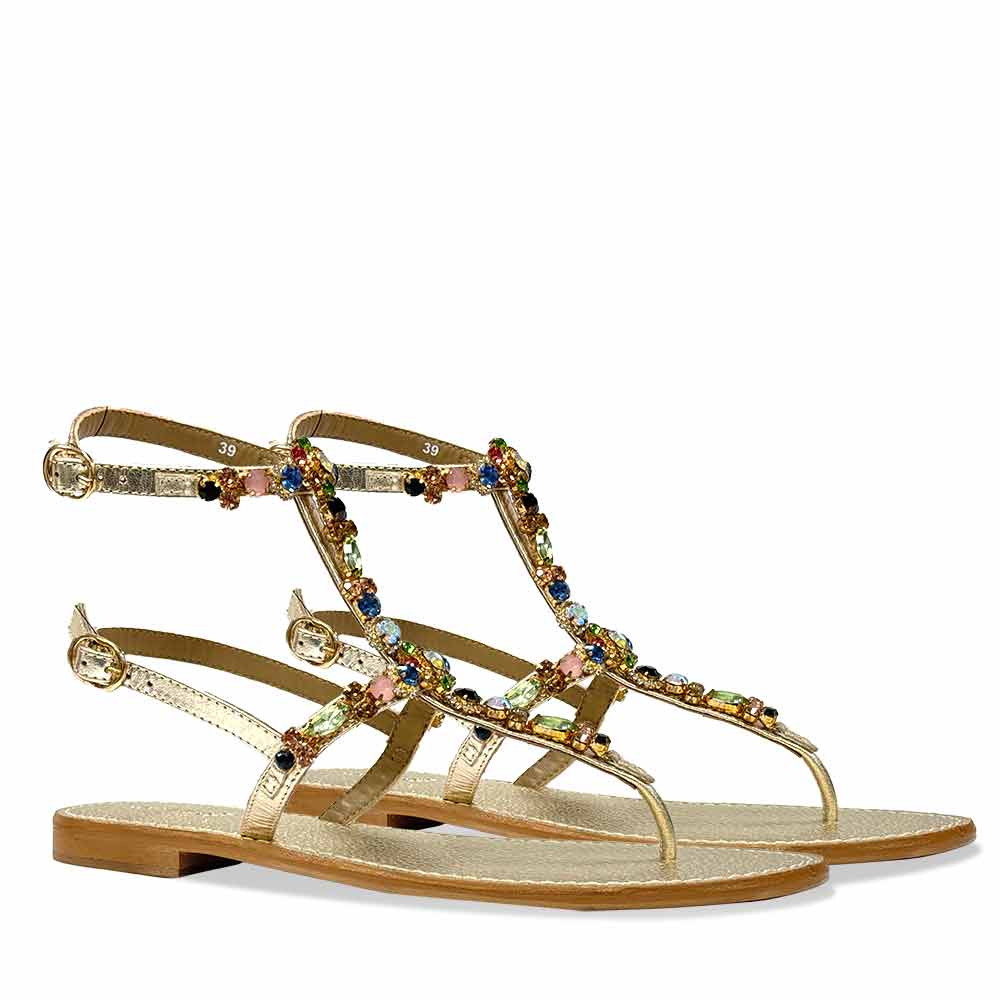 Saint Zuri Multi Stone Embellished Platin Leather Sandals