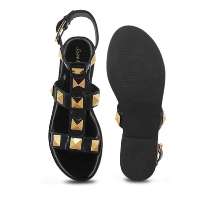 Saint Gaia Black Leather Flat Buckle Sandals: Elegant, versatile flats with a chic buckle design for timeless style and comfort.