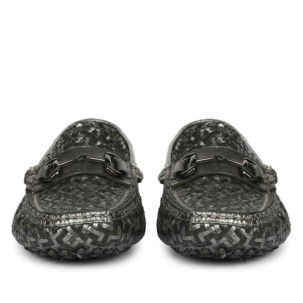 Saint Aurora Gunmetal Black Handwoven Leather Horsebit Loafers