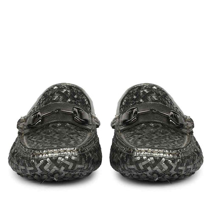 Saint Aurora Gunmetal Black Handwoven Leather Horsebit Loafers