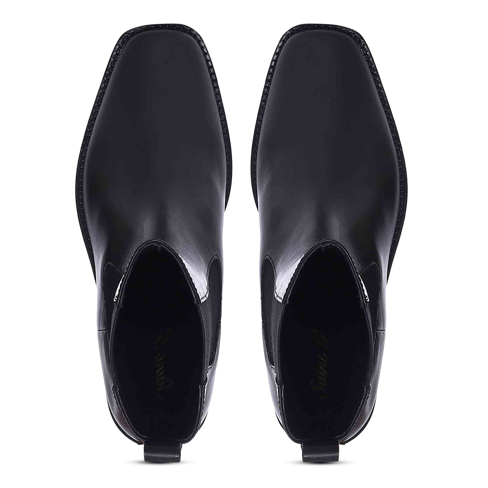 Saint Theresa High Ankle Black Leather Boots with Decorative Buckle – Stylish and chic footwear for a bold and confident look