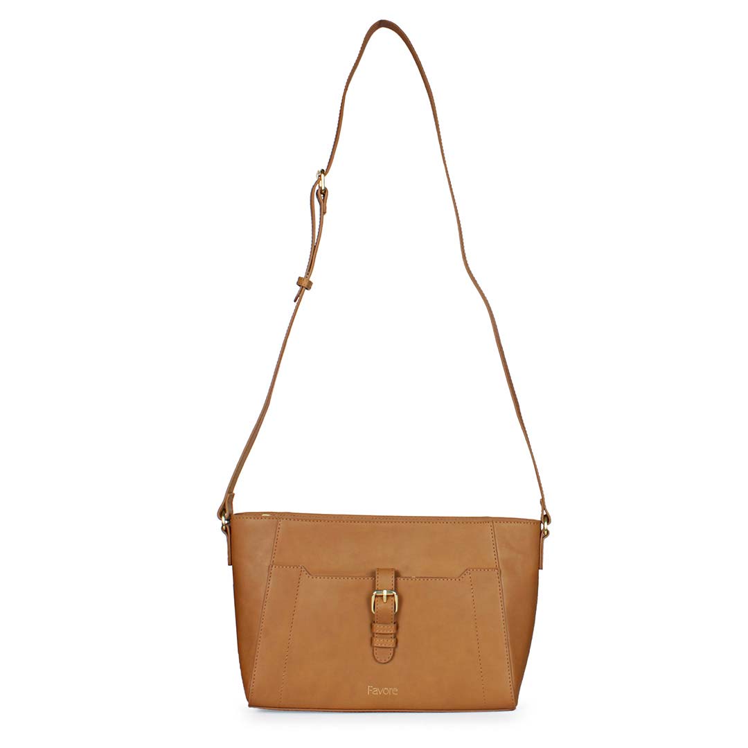 Favore Tan Women Leather Structured Sling Bag