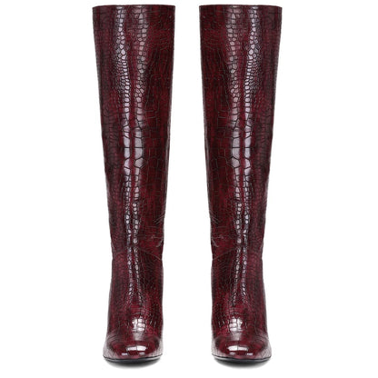 Saint Emily Burgundy Croco Vegan Leather Knee High Boots - SaintG India