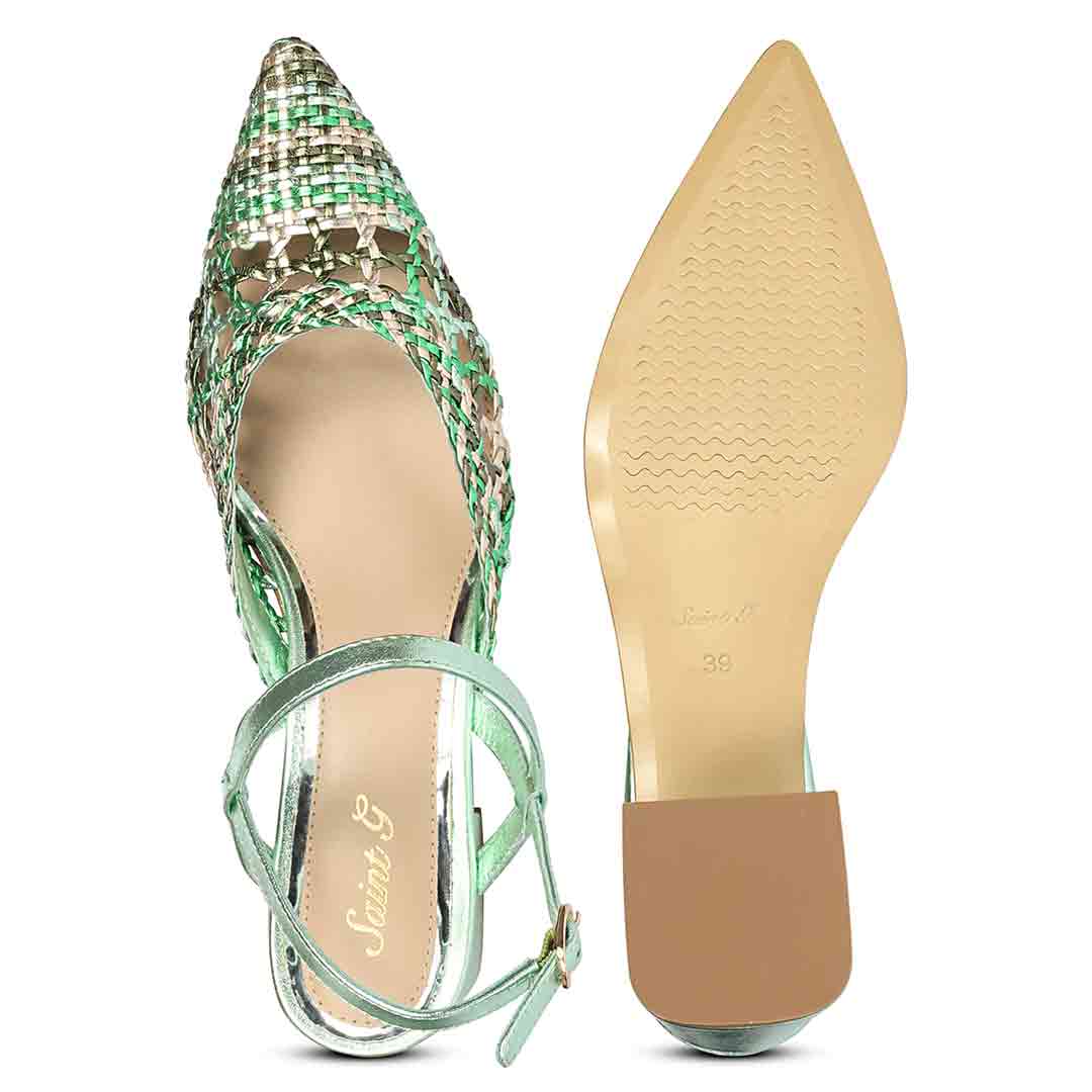 Saint Cianna Green Multi Hand-Woven Leather Block Heels
