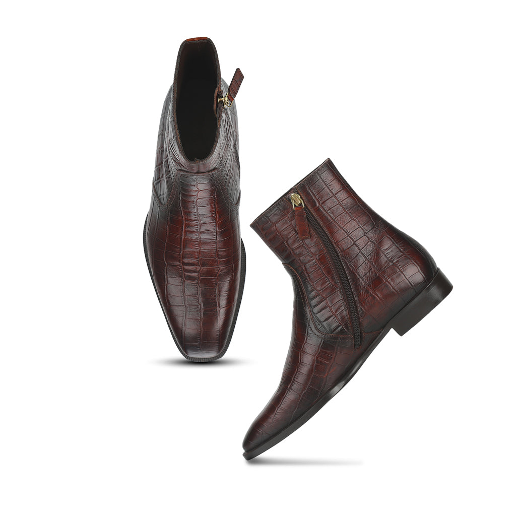 Saint Umberto Brown croco Embossed Two Color Toned Leather High Ankle Boot - SaintG