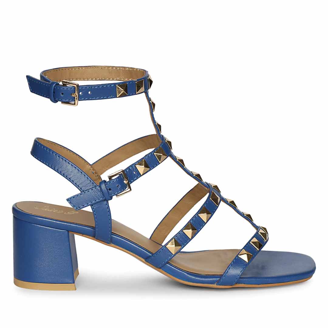 Saint Angela Cobalt Leather Metal Studded Block Heels