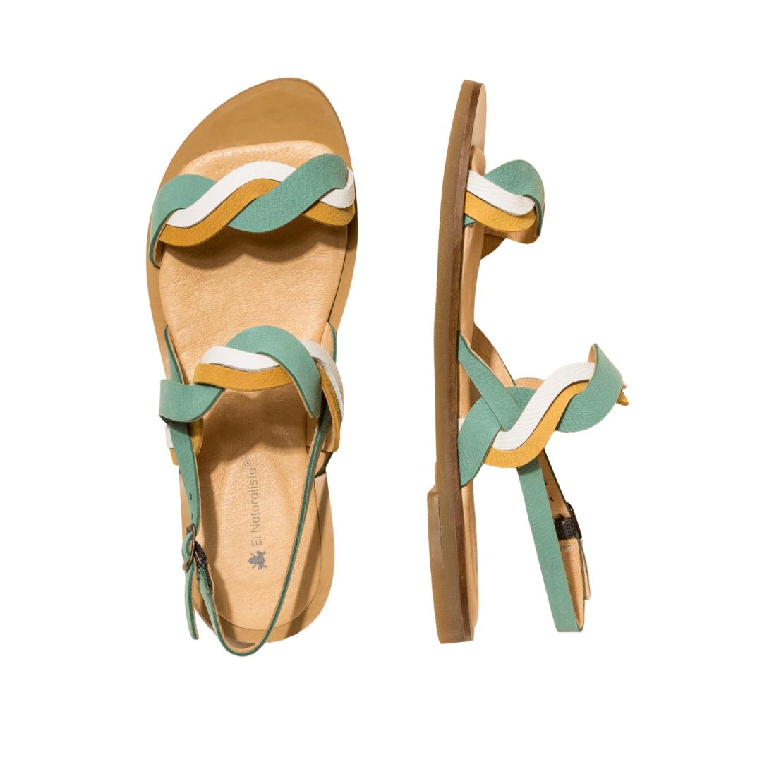 El Naturalista Mint Mixed Embellished Leather Block Sandals with Buckle