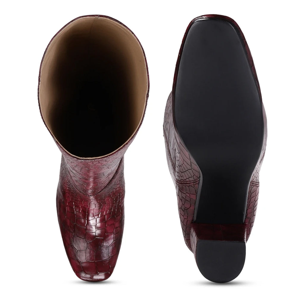 Saint Emily Burgundy Croco Vegan Leather Knee High Boots - SaintG India