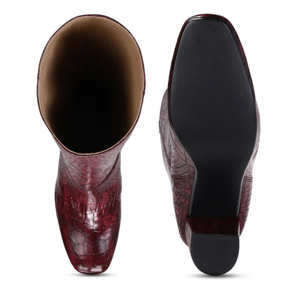 Saint Emily Burgundy Croco Vegan Leather Knee High Boots - SaintG India