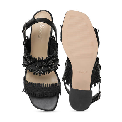 Saint Fabrizia Black Woven Leather Block Heels.