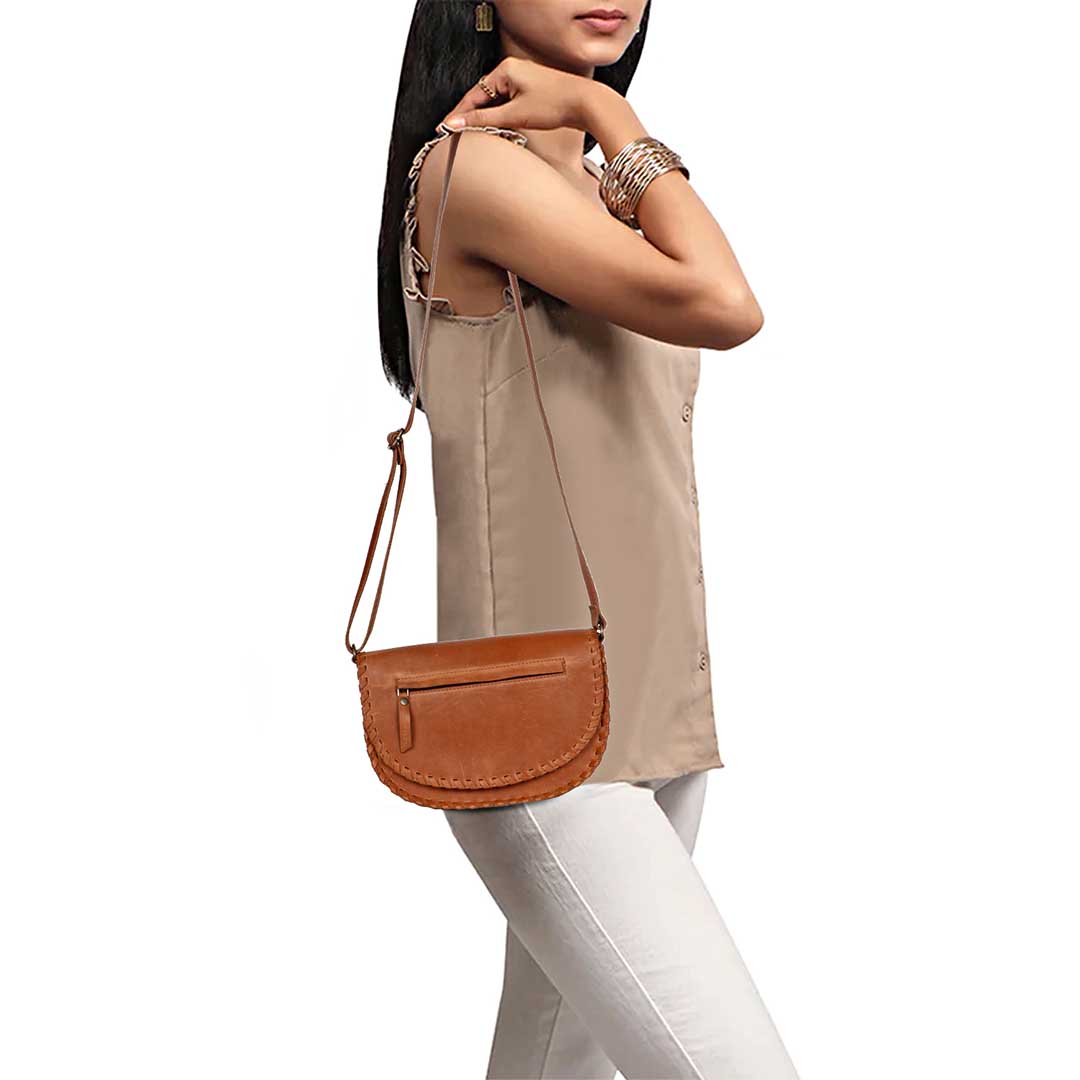 Favore Women Tan Leather Saddle Bags