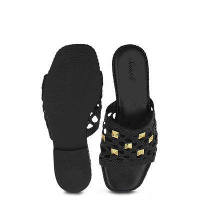 Saint Giada Black Leather Woven Slides - Handcrafted chic slides for a stylish stride, featuring intricate leather weaving. Elevate your look effortlessly