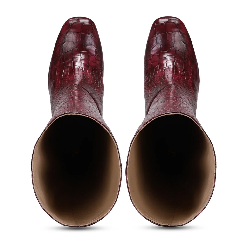 Saint Emily Burgundy Croco Vegan Leather Knee High Boots - SaintG India