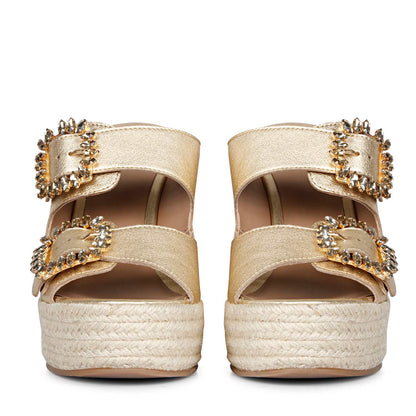Trendy Gold Wedge - Saint Floriana Stone Detail on Metallic Leather