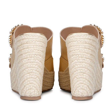 Trendy Gold Wedge - Saint Floriana Stone Detail on Metallic Leather