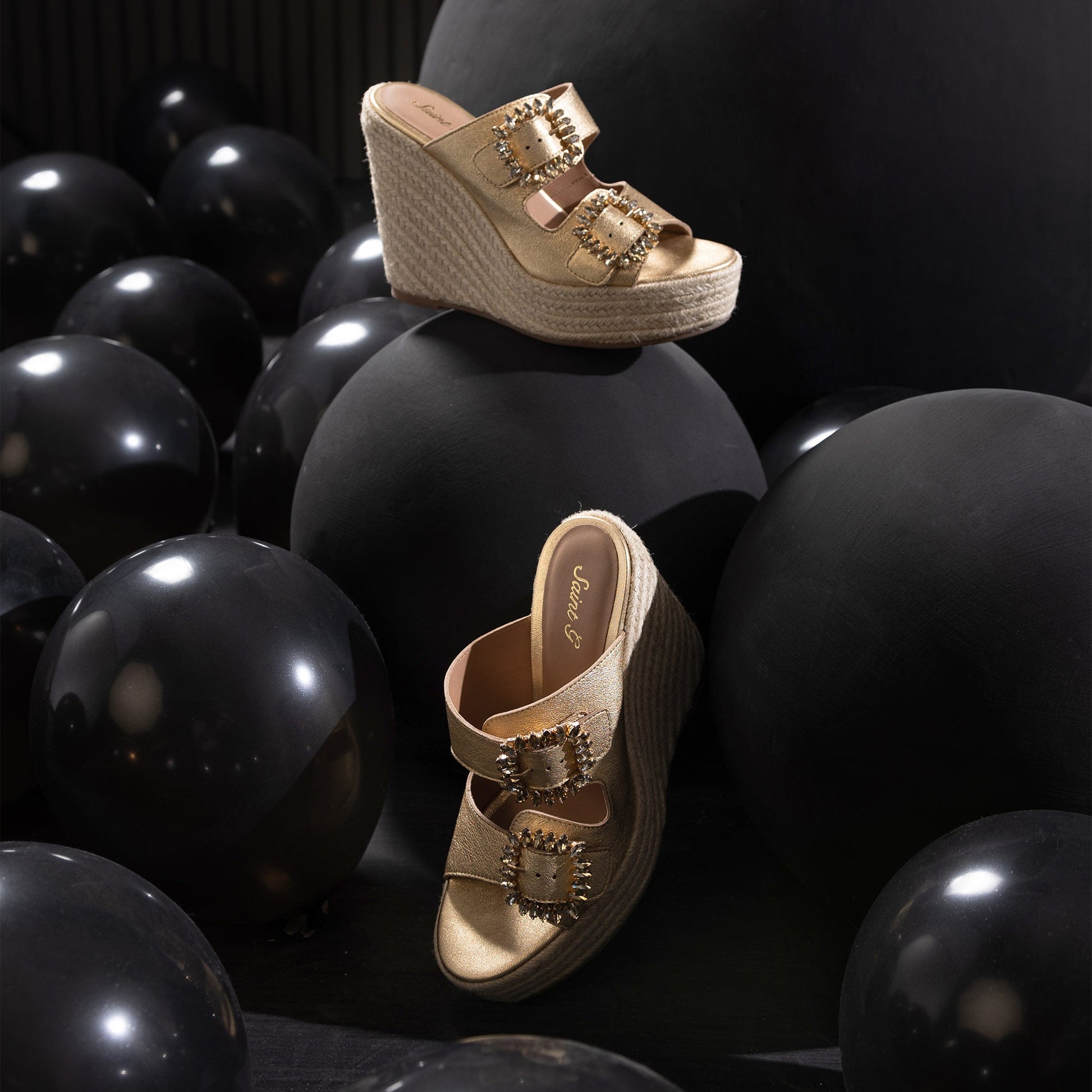 Trendy Gold Wedge - Saint Floriana Stone Detail on Metallic Leather