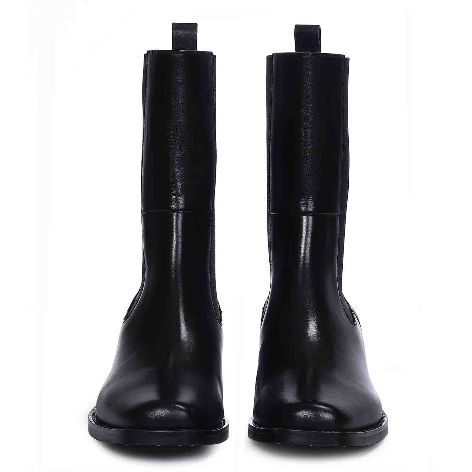 Saint Theresa High Ankle Black Leather Boots with Decorative Buckle – Stylish and chic footwear for a bold and confident look