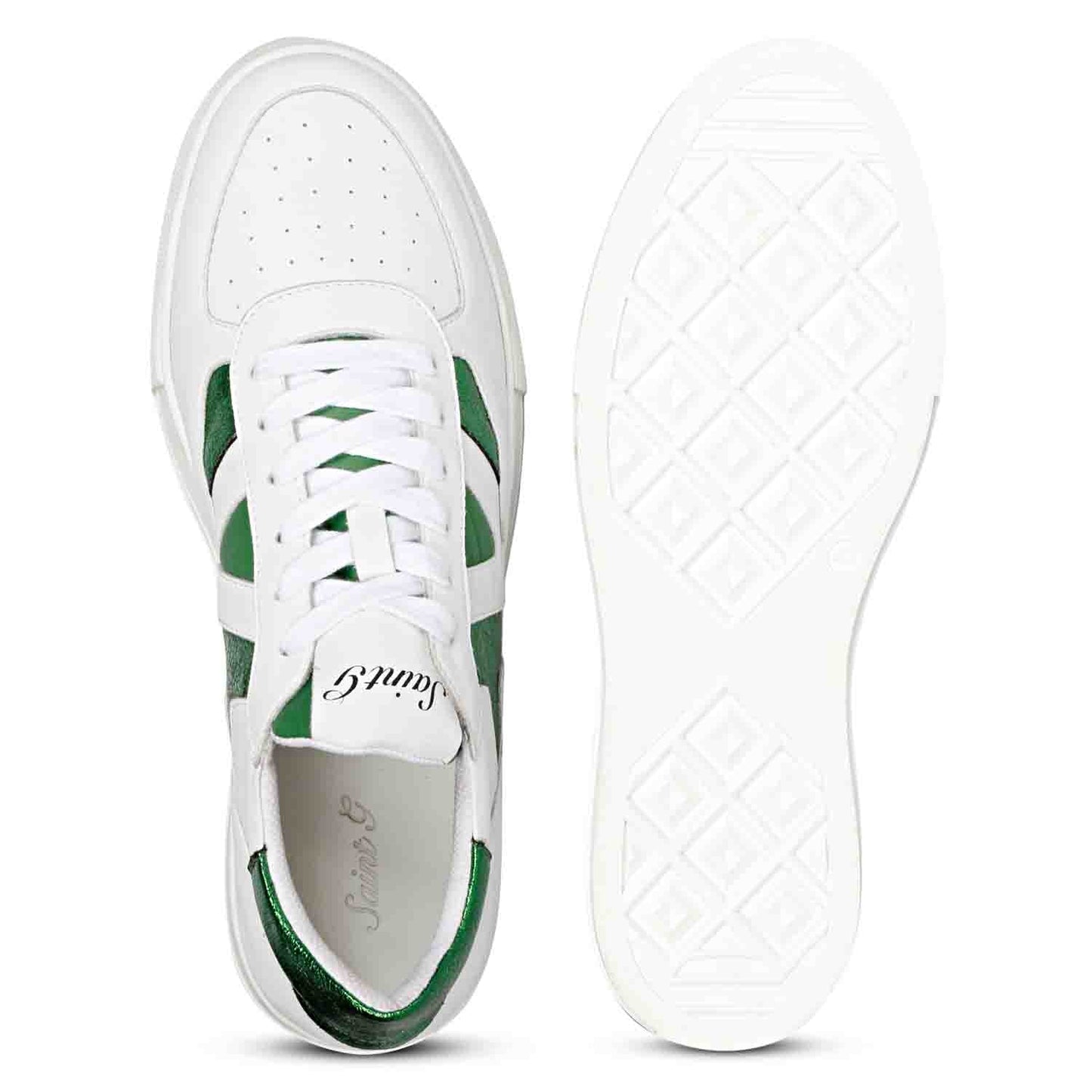 Whitesta Elliot White & Green Leather Handcrafted Sneakers