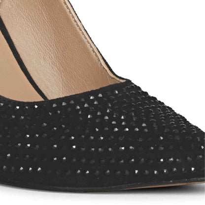 Elegant black leather heels with Alyssa crystal accents