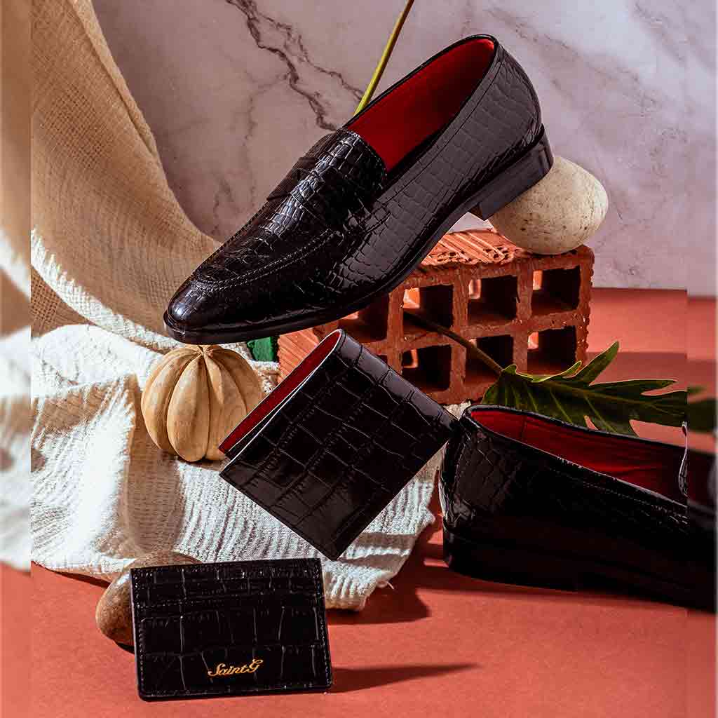 Saint Callisto Black Croco Patent Leather Embossed With Set