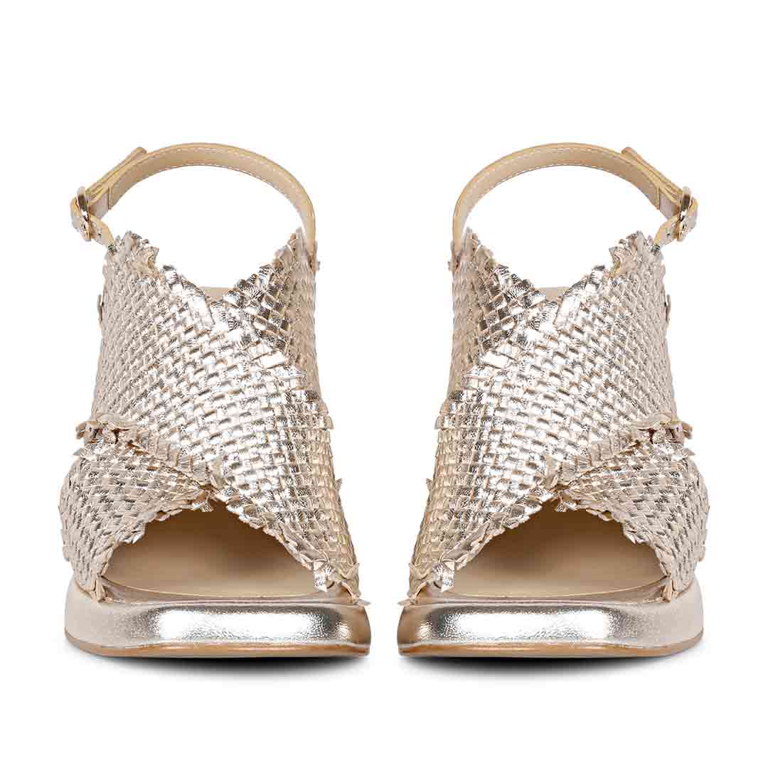 Saint Shelby Gold Metallic Crisscross Fringed Woven Leather Block Heels