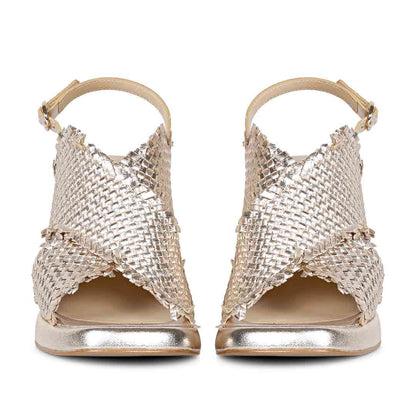 Saint Shelby Gold Metallic Crisscross Fringed Woven Leather Block Heels