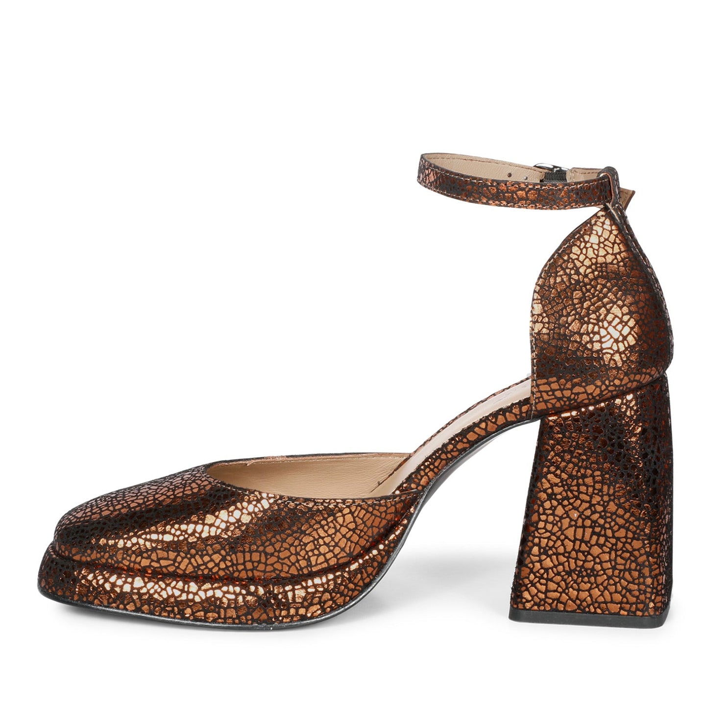 Glamorous Saint Emma Block Heels – Shiny Bronze Leather