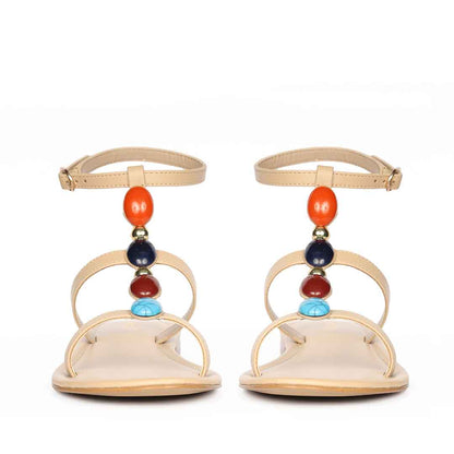 Saint Tyas Multi Stone Beige Leather Sandals