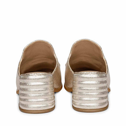 Golden Elegance: Saint Jasmine Lizard Print Leather Mocs, a blend of style and comfort.