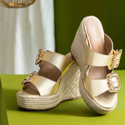 Trendy Gold Wedge - Saint Floriana Stone Detail on Metallic Leather